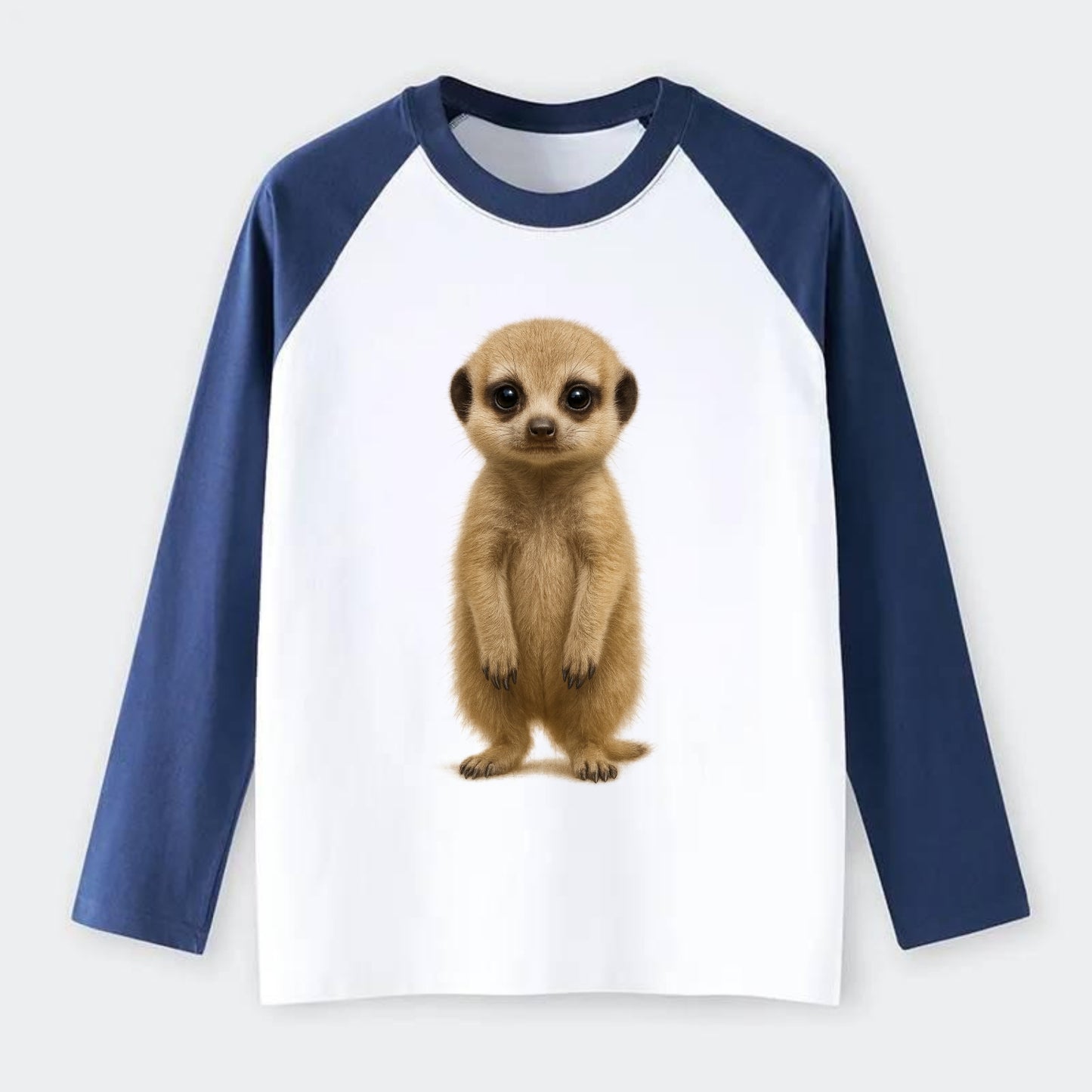 Baby Meerkat - tan fur, dark eye patches, alert stance, bright eyes, - Raglan Long Sleeve T-Shirt - Blue
