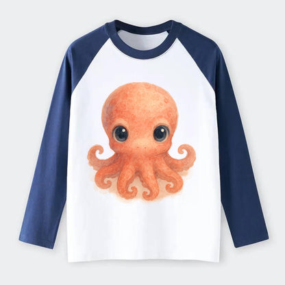 Baby Octopus - red-orange, eight tiny tentacles curled, large - Raglan Long Sleeve T-Shirt - Blue