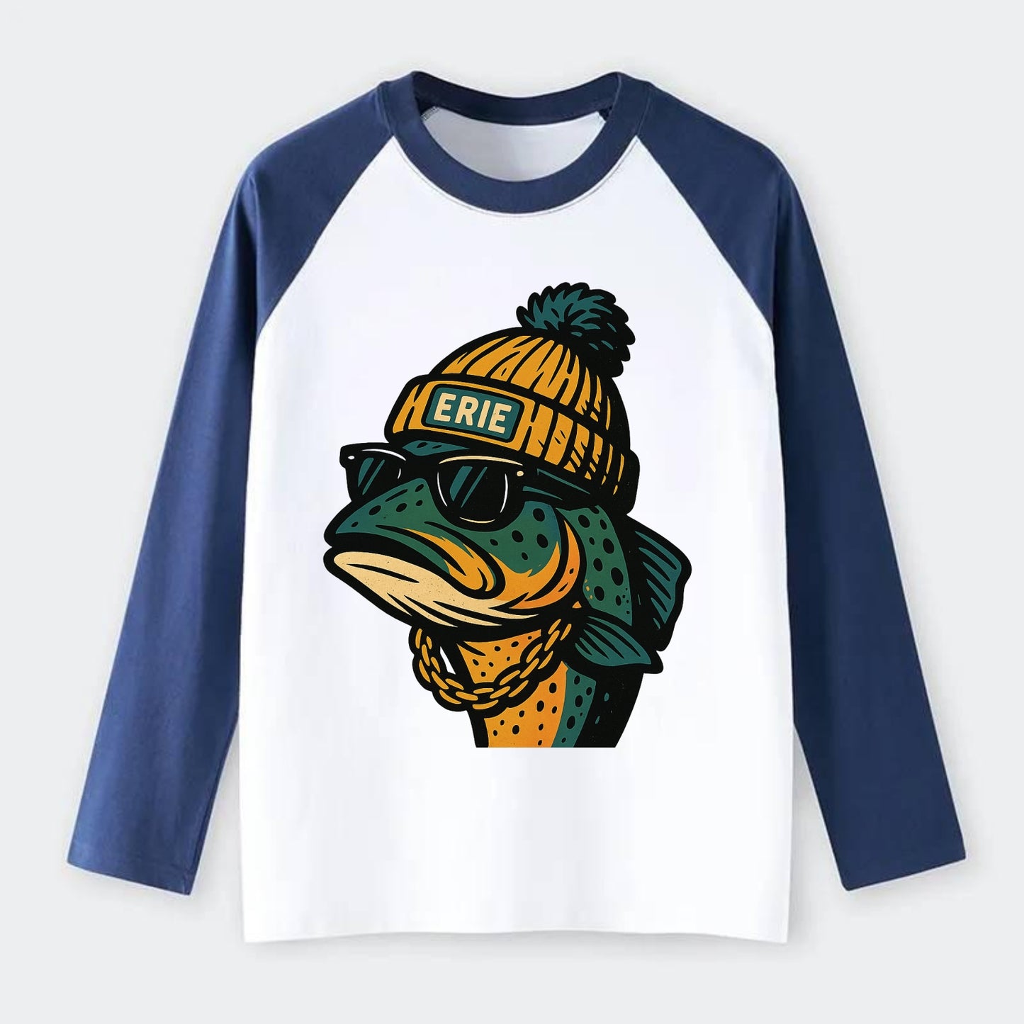 Erie Lake Trout wearing Erie beanie with pom pom and wayfarer - Raglan Long Sleeve T-Shirt - Blue