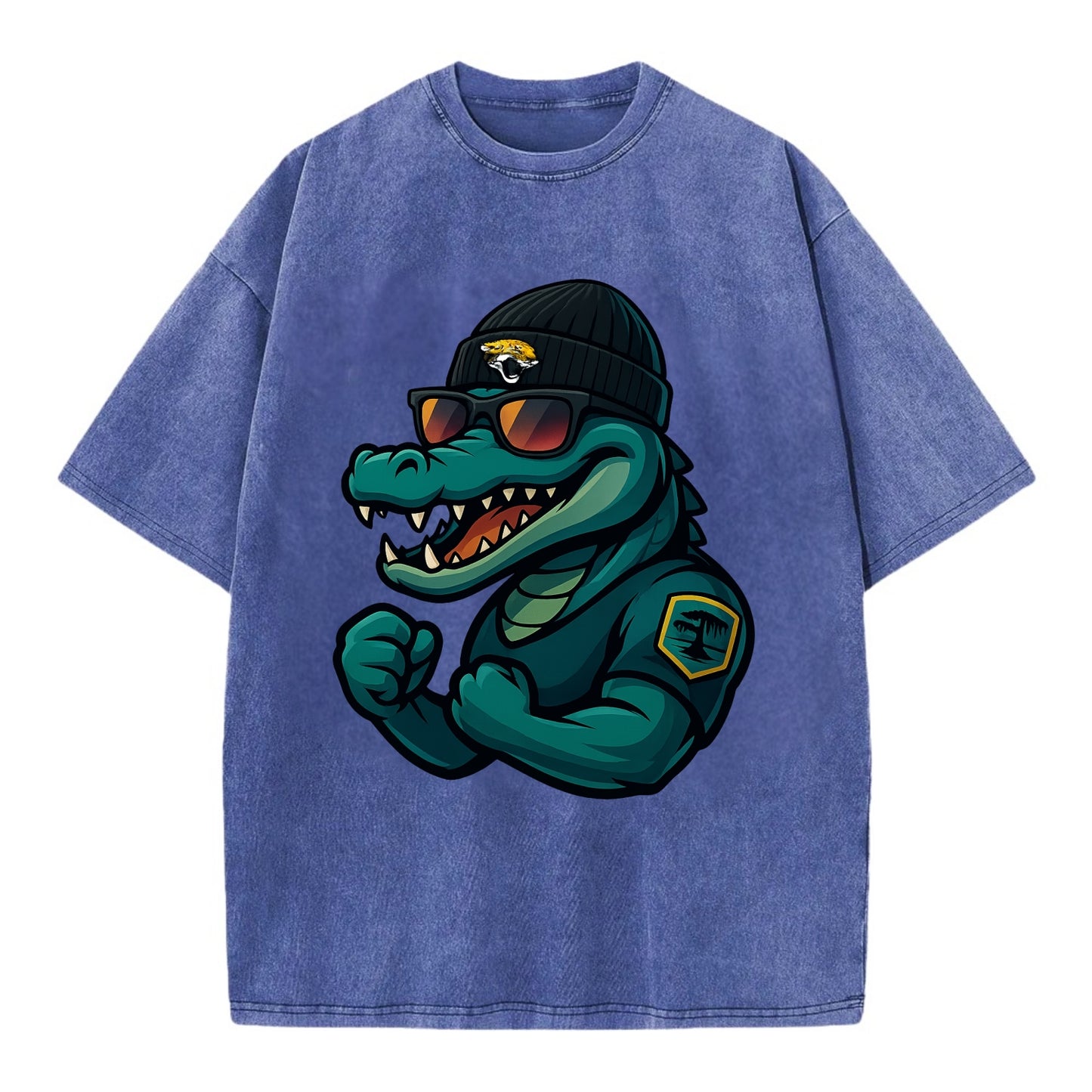 Jacksonville Alligator wearing Jaguars beanie with swamp patch and wayfarer - Vintage T-shirt - Blue