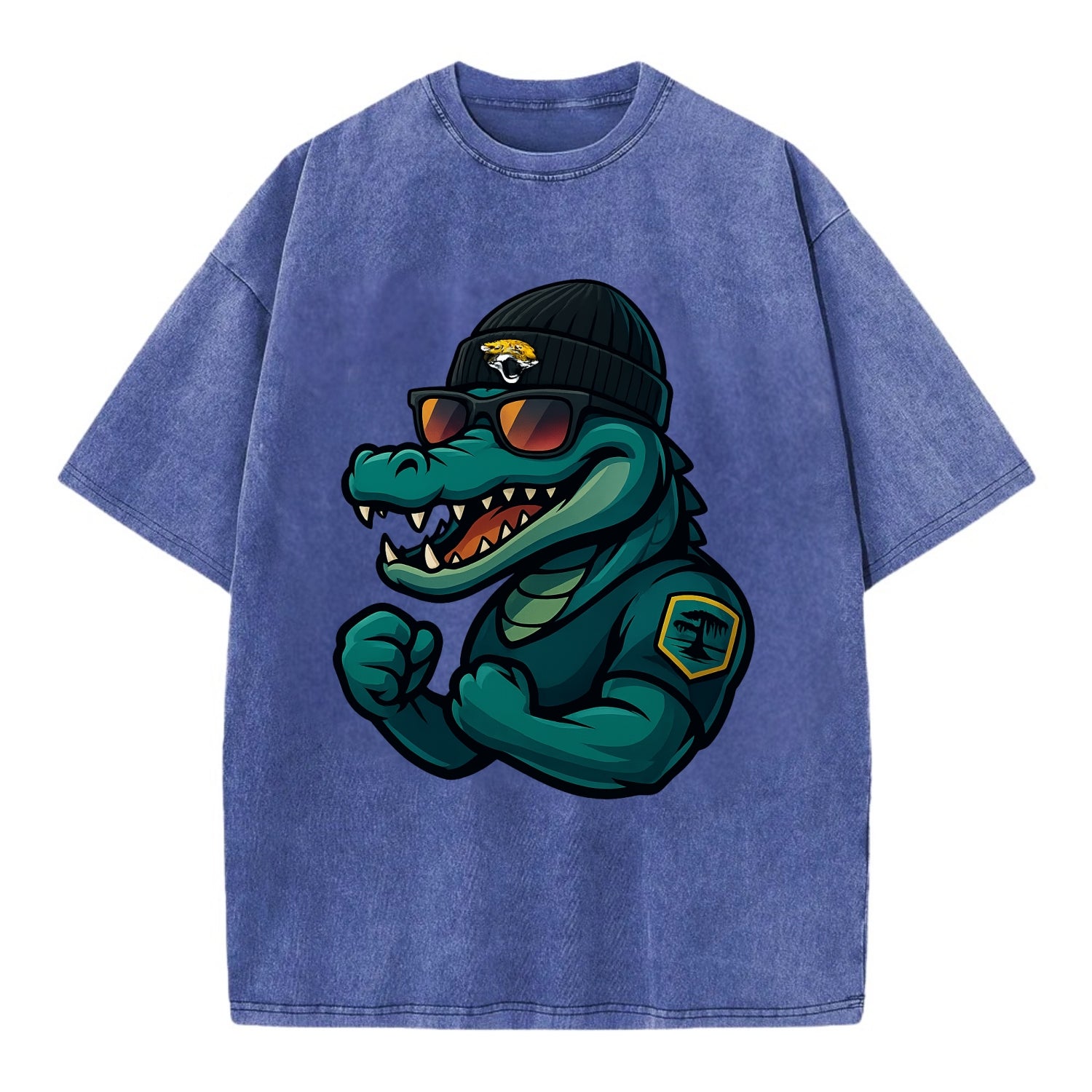 Jacksonville Alligator wearing Jaguars beanie with swamp patch and wayfarer - Vintage T-shirt - Blue