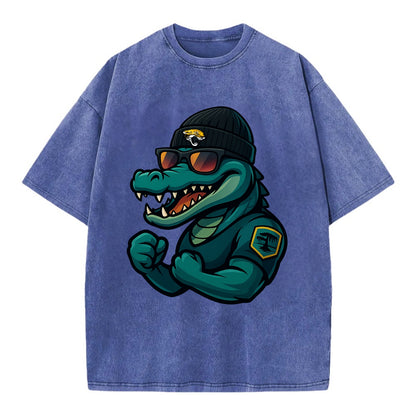 Jacksonville Alligator wearing Jaguars beanie with swamp patch and wayfarer - Vintage T-shirt - Blue