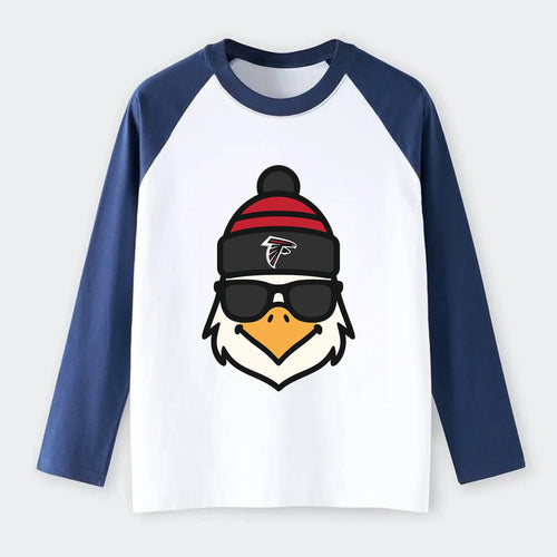 Atlanta Falcon wearing Falcons red and black beanie with pom pom and - Raglan Long Sleeve T-Shirt