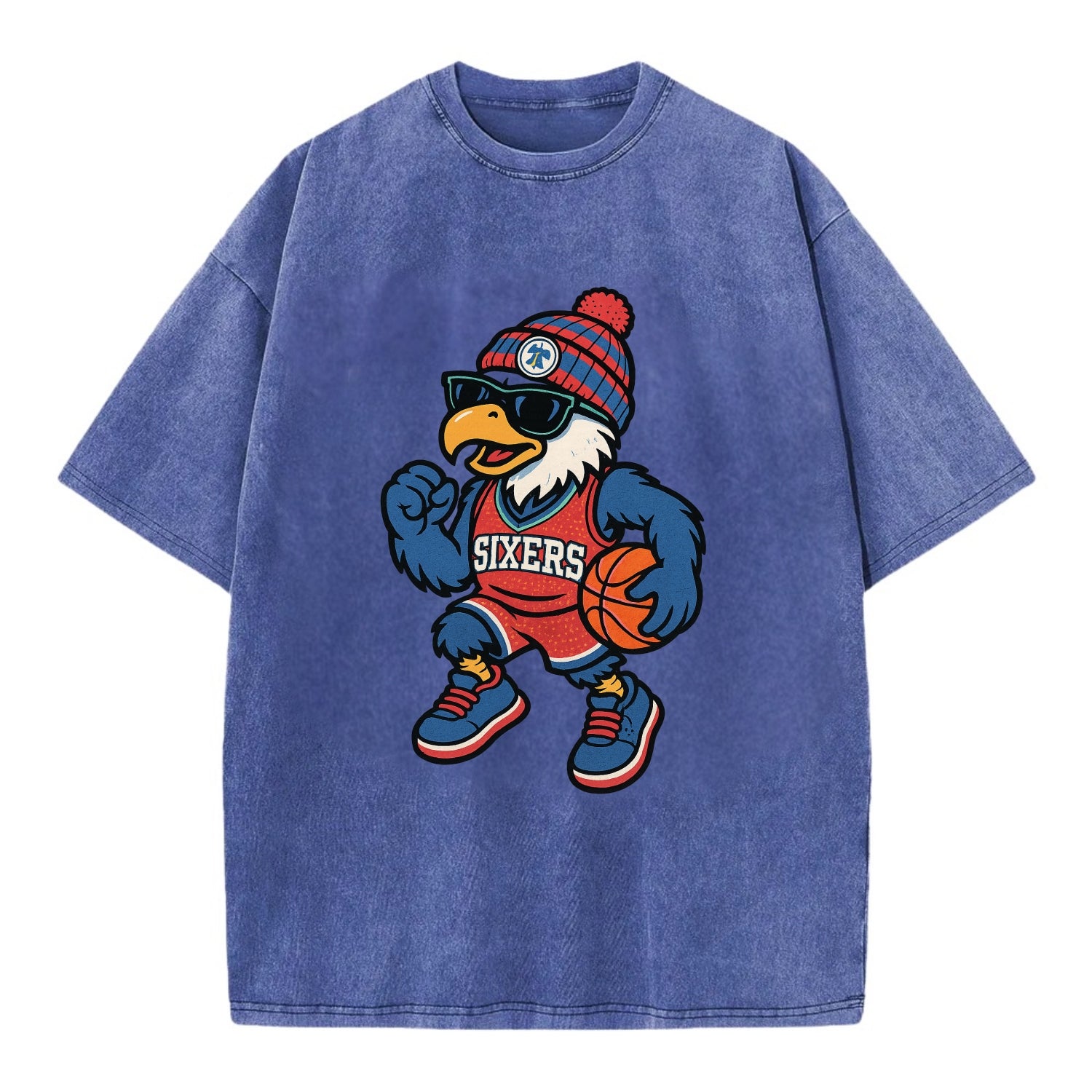 Philadelphia Eagle wearing 76ers red white and blue beanie with bell patch and - Vintage T-shirt - Blue