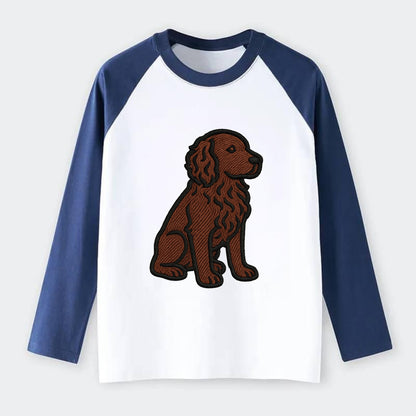 Boykin Spaniel - Rich chocolate brown wavy coat embroidered sitting - Raglan Long Sleeve T-Shirt - Blue
