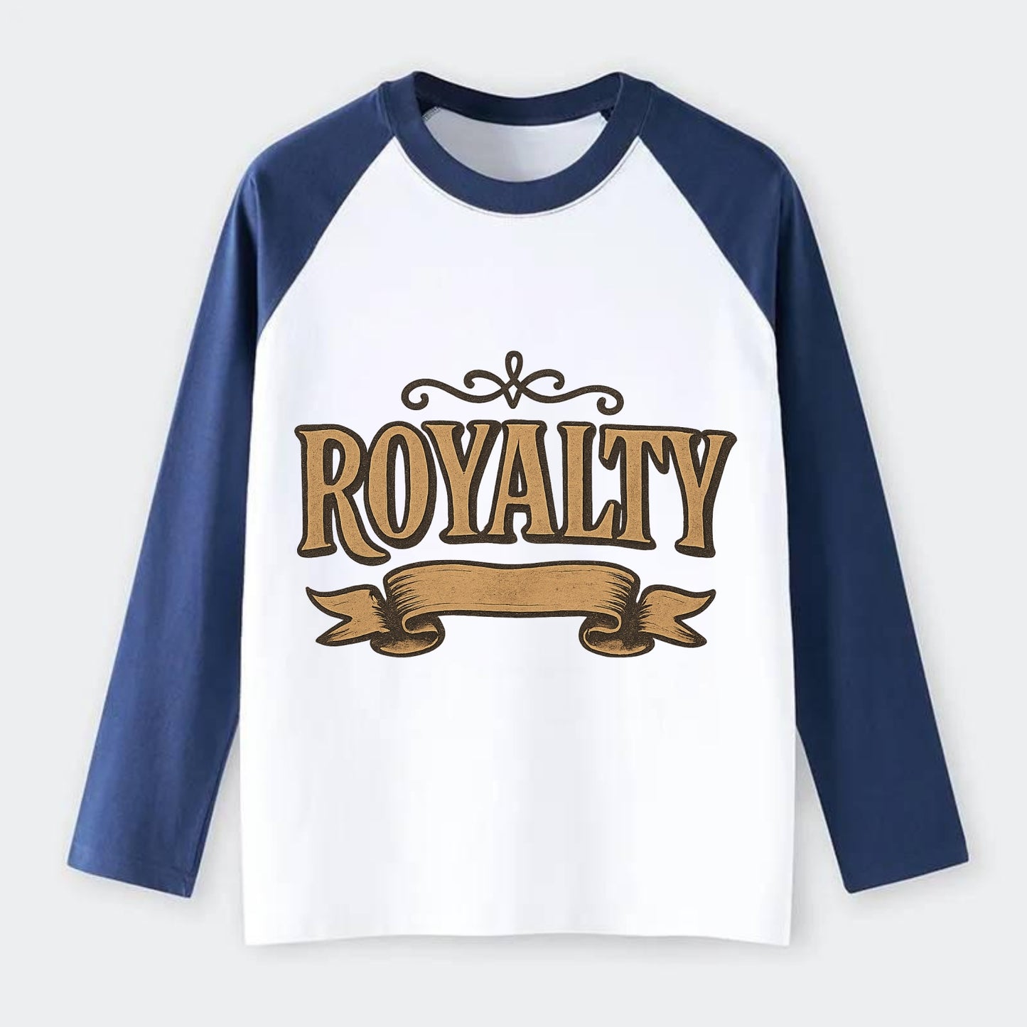 Bold typography design - "ROYALTY" - regal bearing, noble spirit - Raglan Long Sleeve T-Shirt - Blue