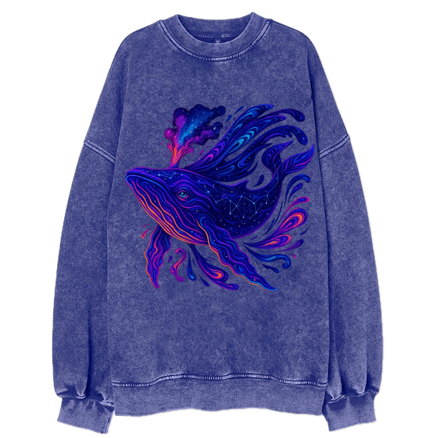 Majestic whale with body composed of galaxy clusters, stellar fins flowing - Vintage Sweatshirt - Blue