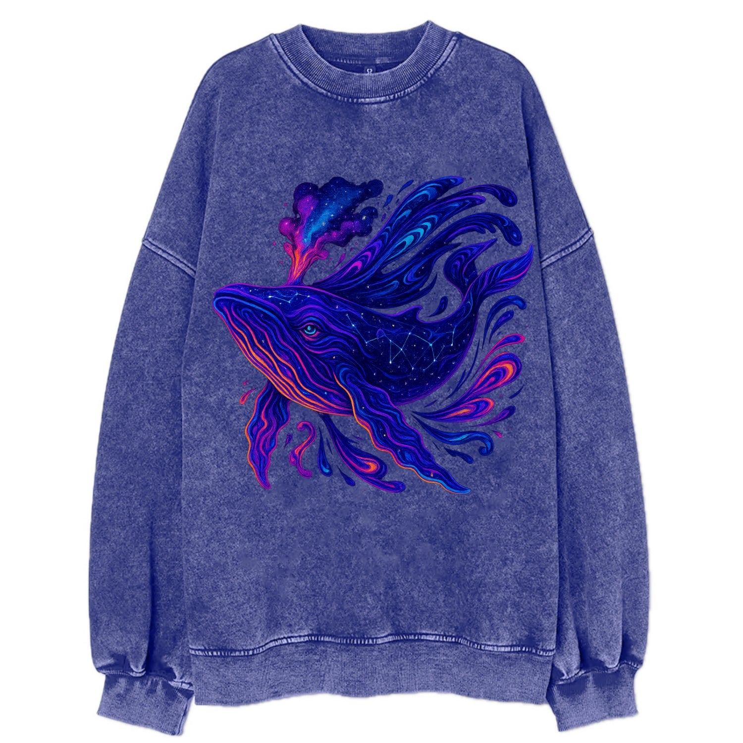 Majestic whale with body composed of galaxy clusters, stellar fins flowing - Vintage Sweatshirt - Blue
