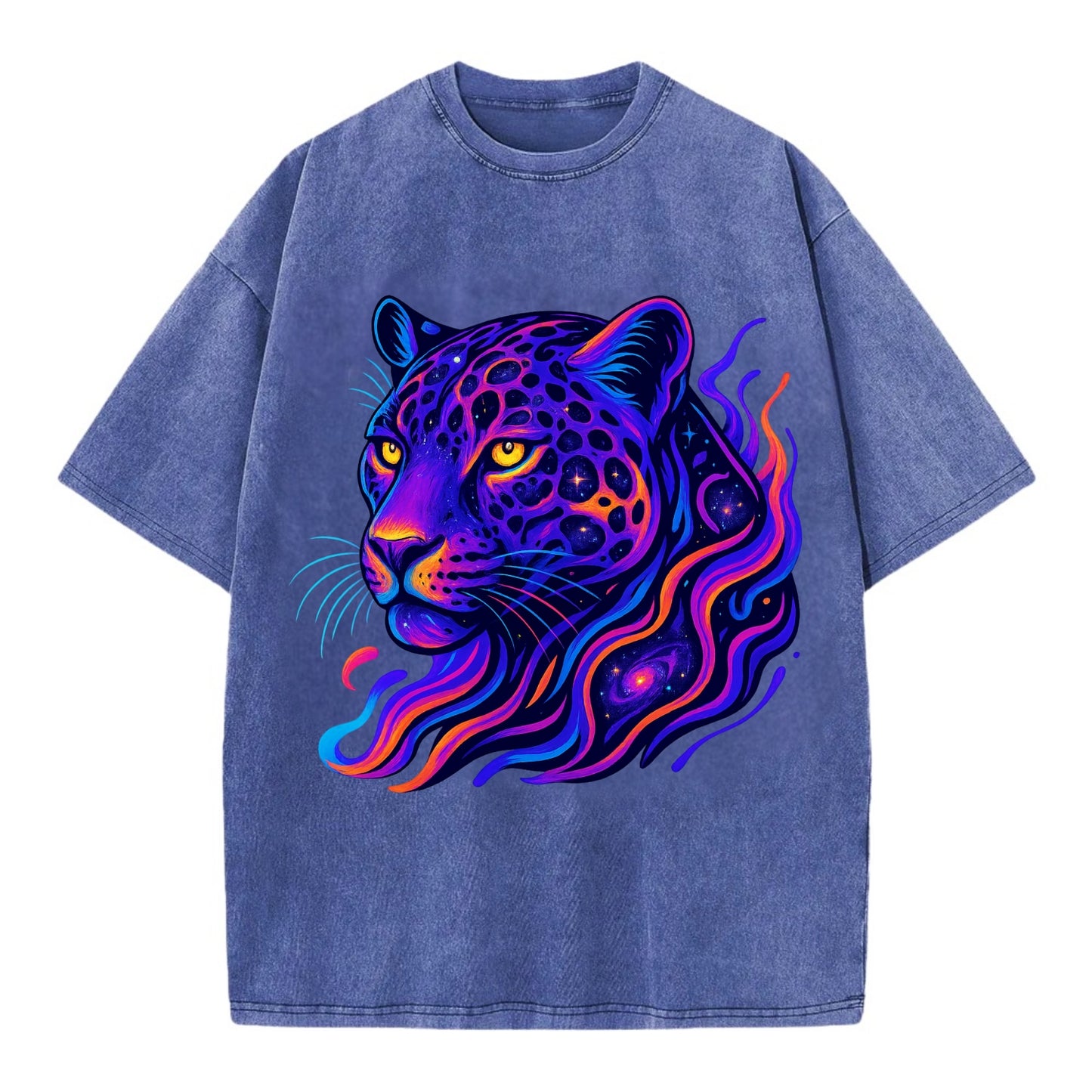 Powerful jaguar with rosettes containing miniature galaxies, cosmic purple and - Vintage T-shirt - Blue