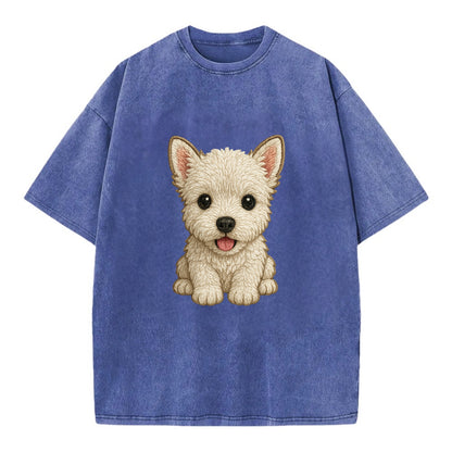 Baby West Highland White Terrier Puppy - all white, pointed ears, dark eyes, - Vintage T-shirt - Blue