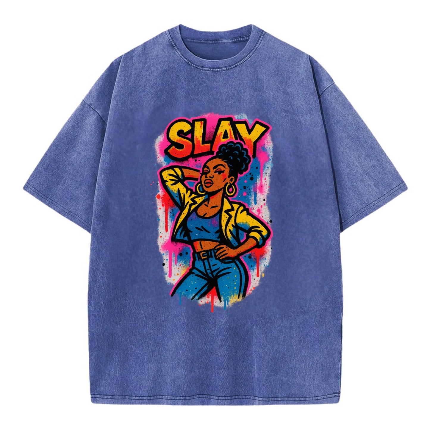 Empowered figure striking confident pose - "slay" culture, fierce and fabulous - Vintage T-shirt - Blue