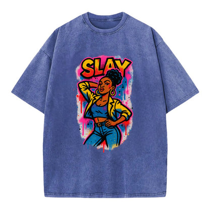 Empowered figure striking confident pose - "slay" culture, fierce and fabulous - Vintage T-shirt - Blue