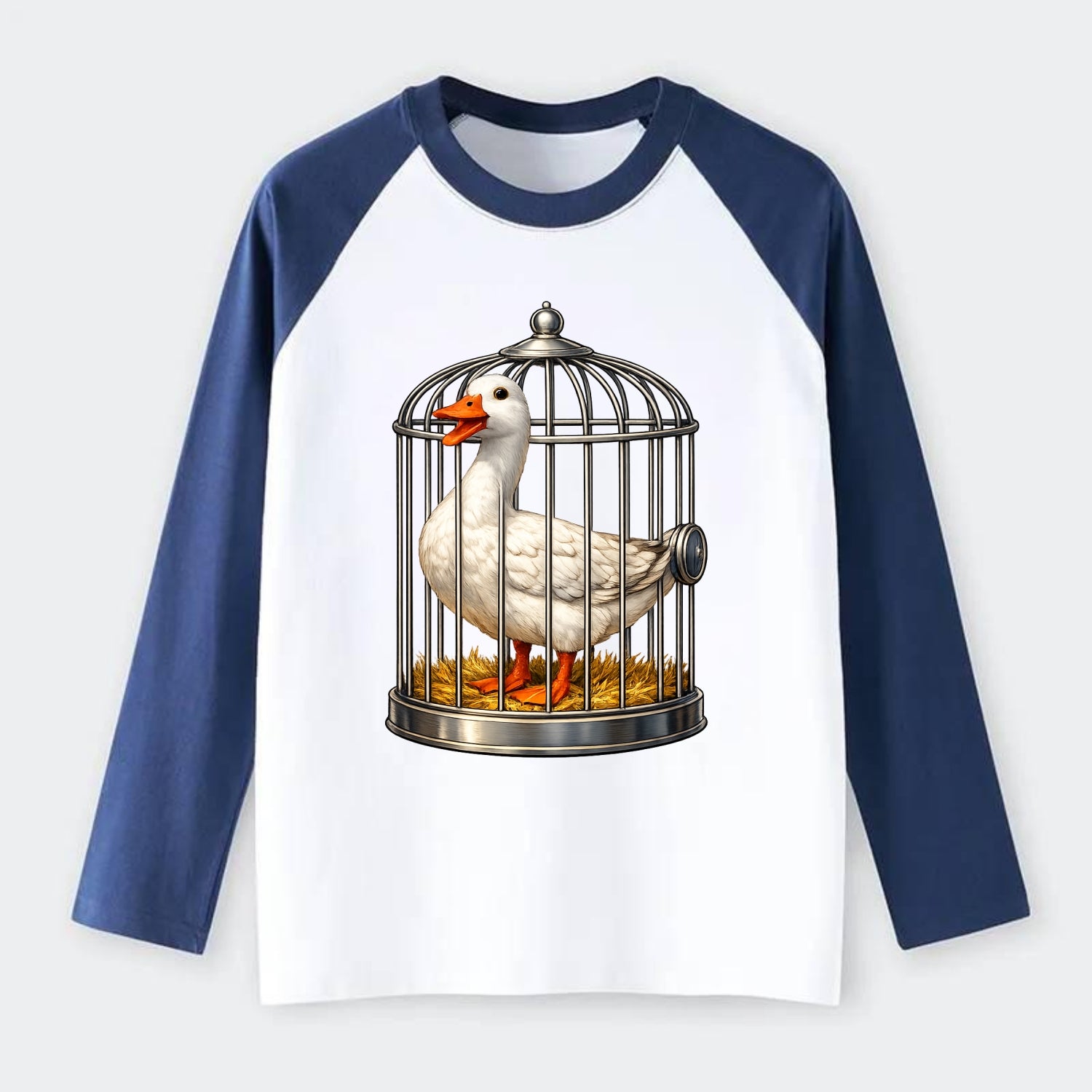 Duck In Cage - Raglan Long Sleeve T-Shirt - Blue