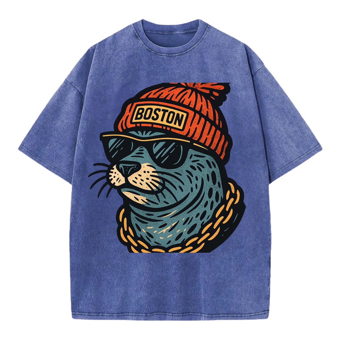 Boston Harbor Seal wearing Boston beanie with pom pom and wayfarer sunglasses - Vintage T-shirt - Blue