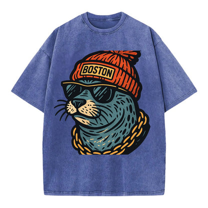 Boston Harbor Seal wearing Boston beanie with pom pom and wayfarer sunglasses - Vintage T-shirt - Blue