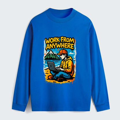 Digital nomad with laptop on beach/mountain - work from anywhere - Classic Long Sleeve Shirt - Blue