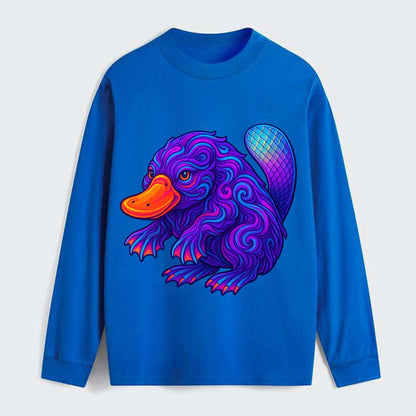Quirky platypus with bill glowing in neon orange, beaver tail with - Classic Long Sleeve Shirt - Blue