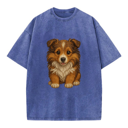 Baby Shetland Sheepdog Puppy - mini collie look, flowing mane, intelligent eyes, - Vintage T-shirt - Blue