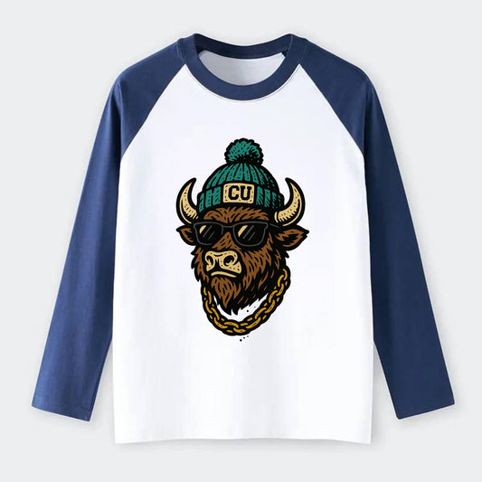 Boulder Ralphie wearing Colorado beanie with CU patch - Raglan Long Sleeve T-Shirt - Blue