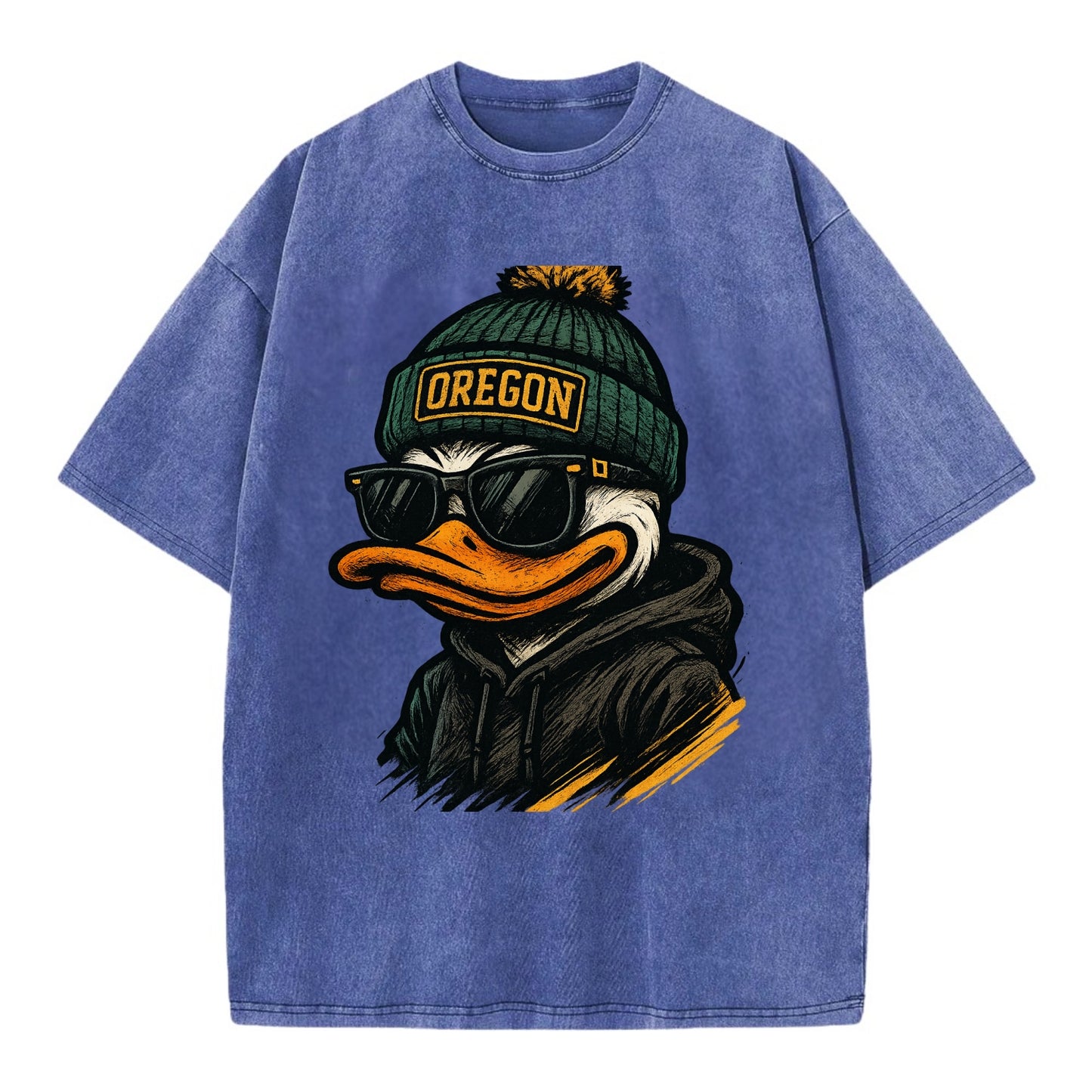 Eugene Duck wearing Oregon beanie with O patch - Vintage T-shirt - Blue