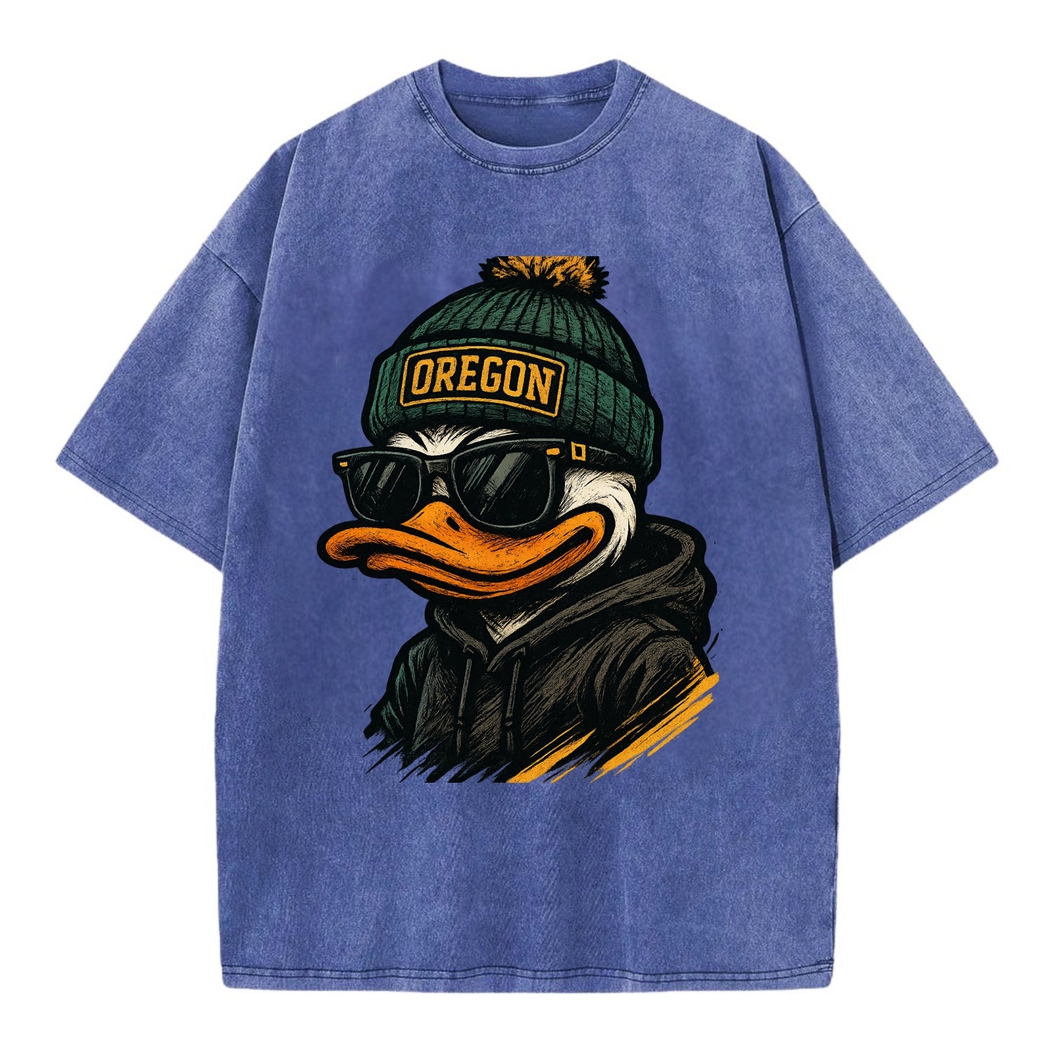 Eugene Duck wearing Oregon beanie with O patch - Vintage T-shirt - Blue