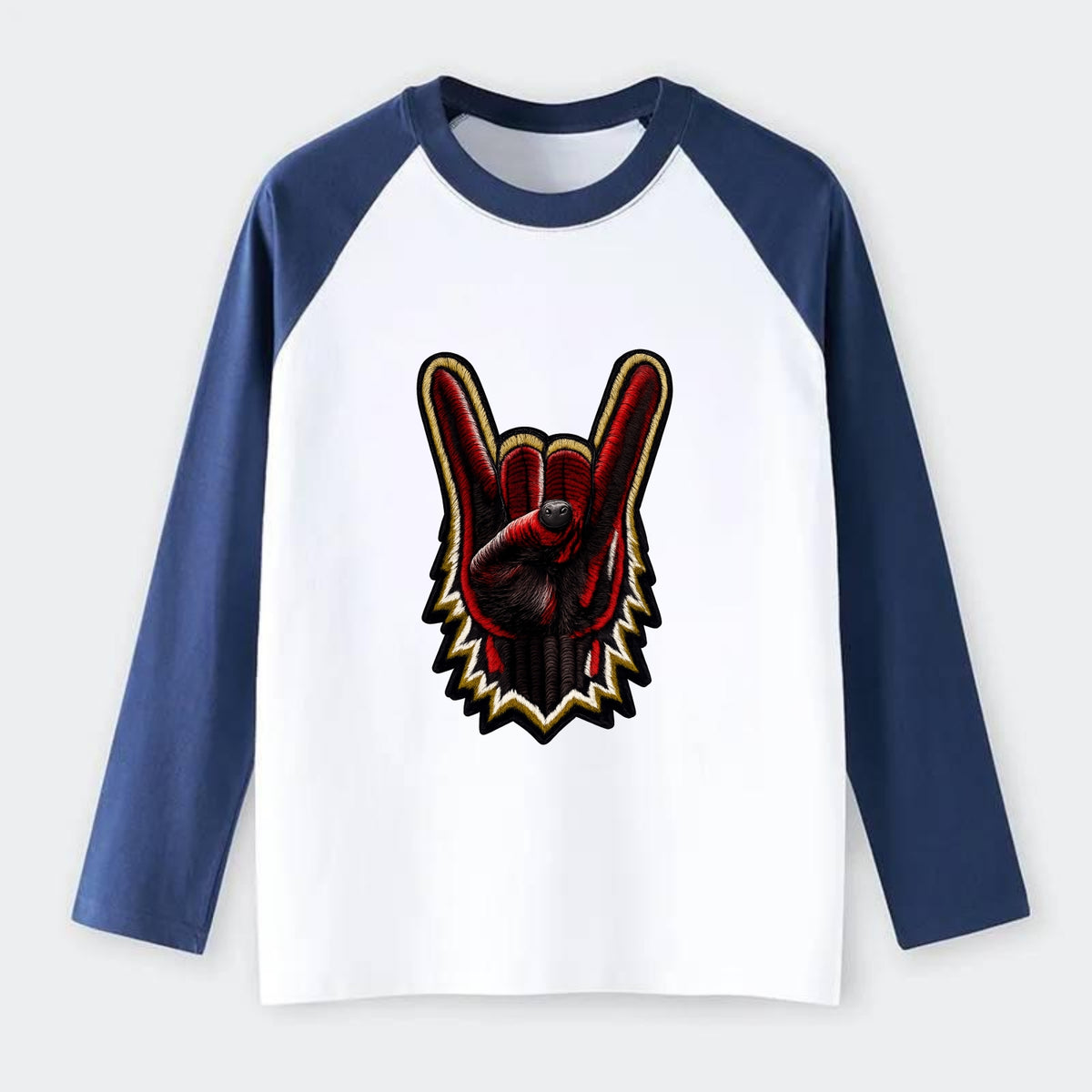 ROCK HAND HORNS - devil horns hand gesture in black and red , metal - Raglan Long Sleeve T-Shirt - Blue