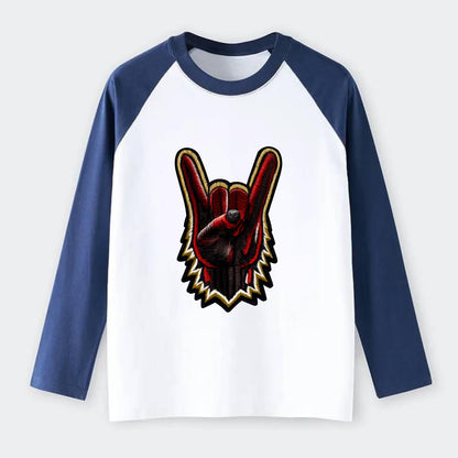 ROCK HAND HORNS - devil horns hand gesture in black and red , metal - Raglan Long Sleeve T-Shirt - Blue