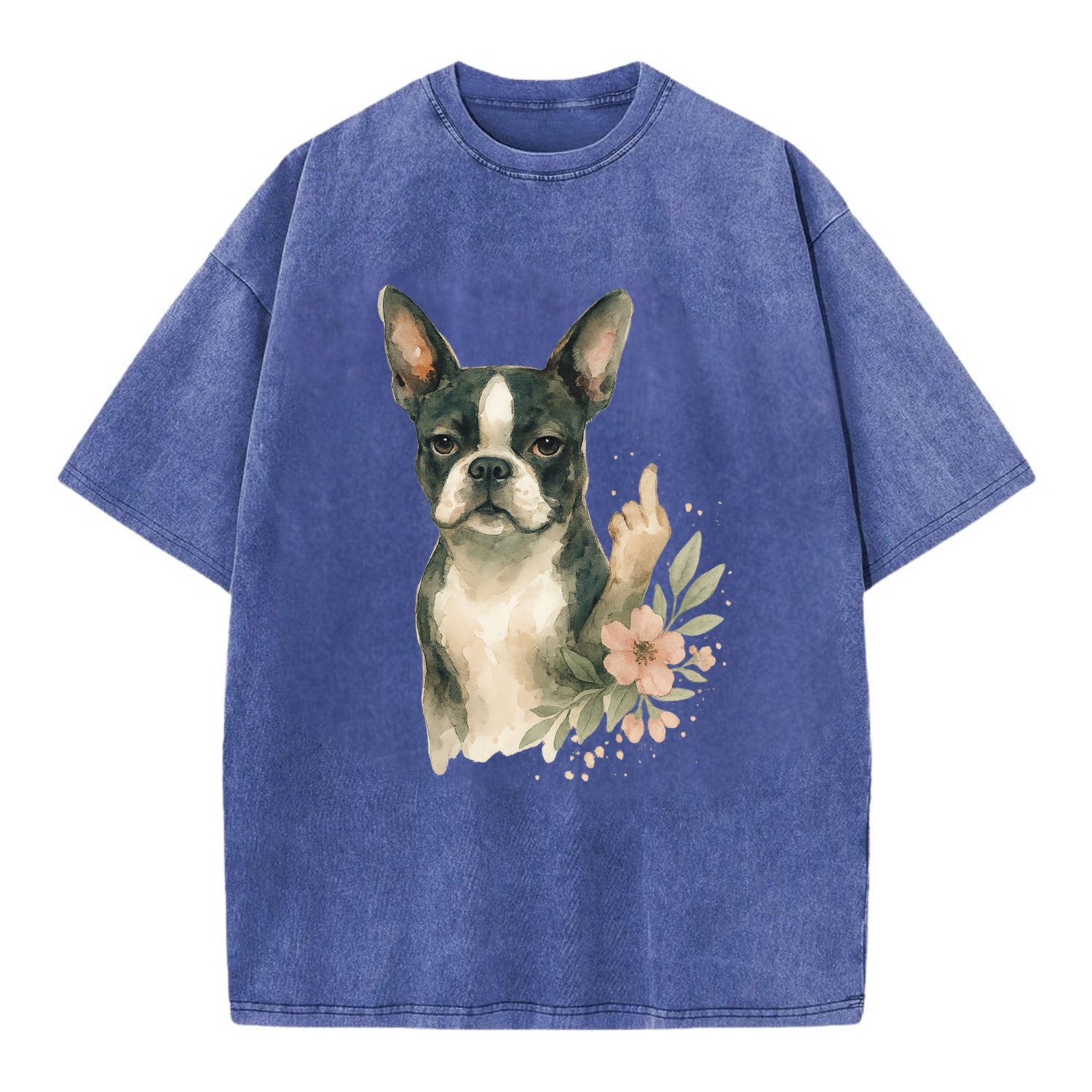 Boston Terrier with tuxedo markings, perky ears, paw up giving sass - Vintage T-shirt - Blue