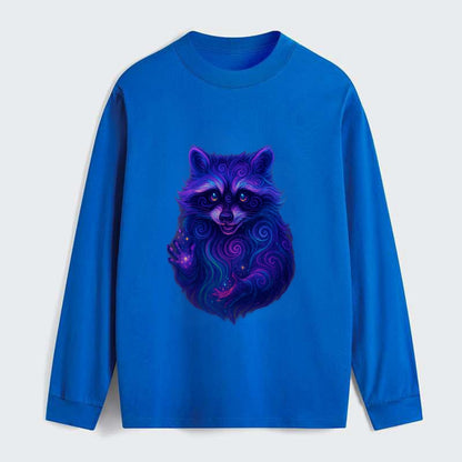 Playful raccoon with mask swirling in hypnotic patterns, neon purple - Classic Long Sleeve Shirt - Blue