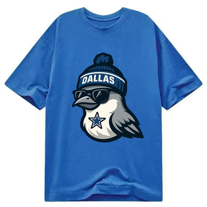 Dallas Mockingbird wearing Cowboys beanie with sheriff star and wayfarer - Classic T-shirt - Blue