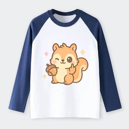 sweet squirrel holding acorn in one paw, flipping off with the other - Raglan Long Sleeve T-Shirt - Blue