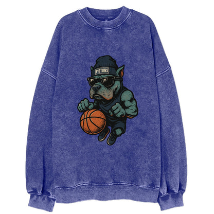 Detroit Pitbull wearing Pistons beanie with chrome patch and wayfarer - Vintage Sweatshirt - Blue