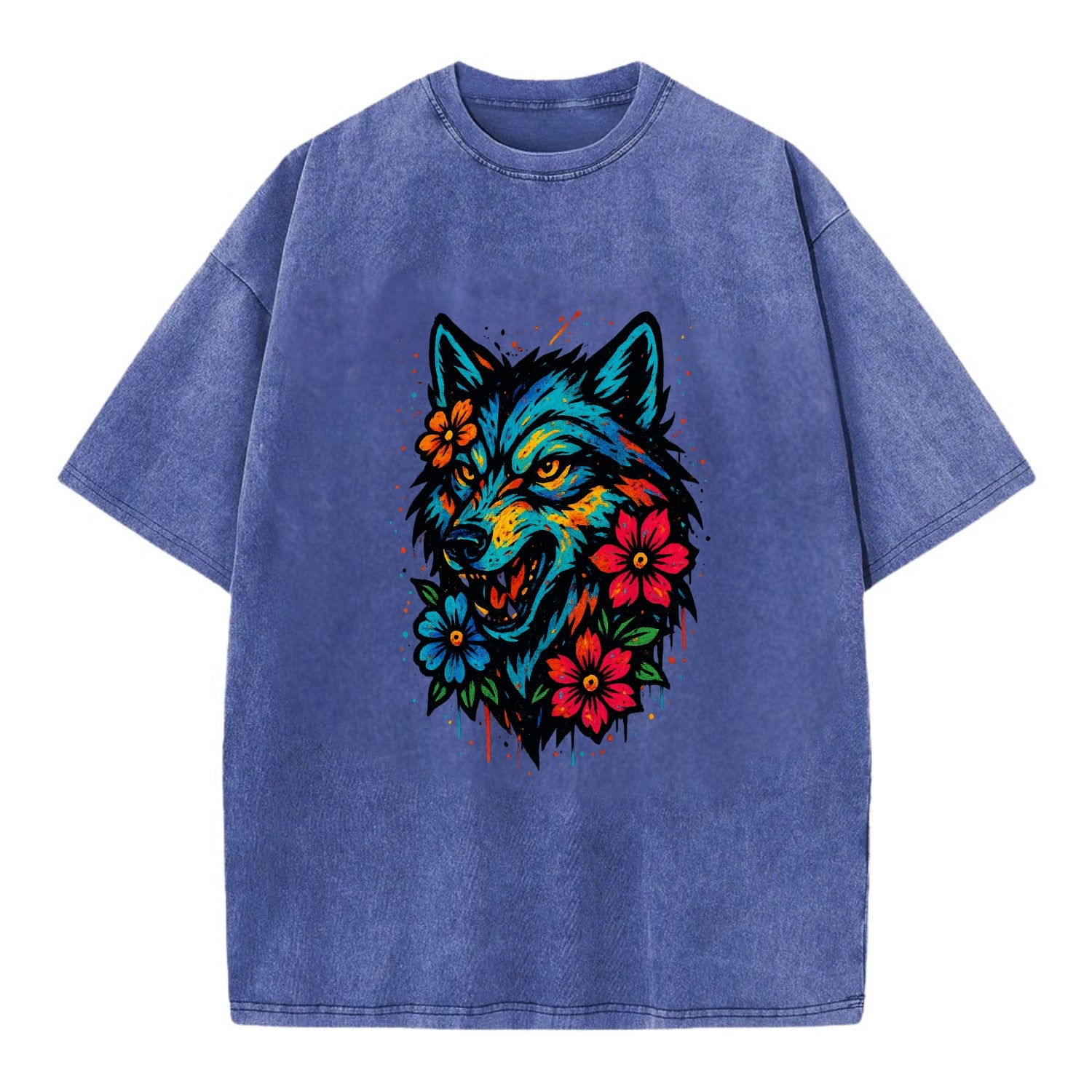 Floral Wolf Garden  - Vintage T-shirt - Blue