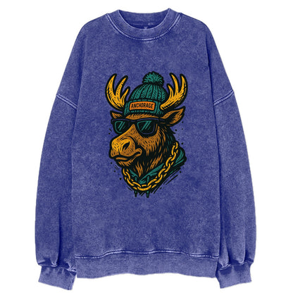 Alaska Moose wearing Anchorage beanie with pom pom and wayfarer sunglasses - Vintage Sweatshirt - Blue
