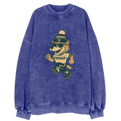 Nevada Wolf wearing Raiders beanie with outlaw patch and wayfarer sunglasses - Vintage Sweatshirt - Blue