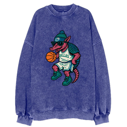 Dallas Armadillo wearing Mavericks beanie with cowboy hat patch and wayfarer - Vintage Sweatshirt - Blue