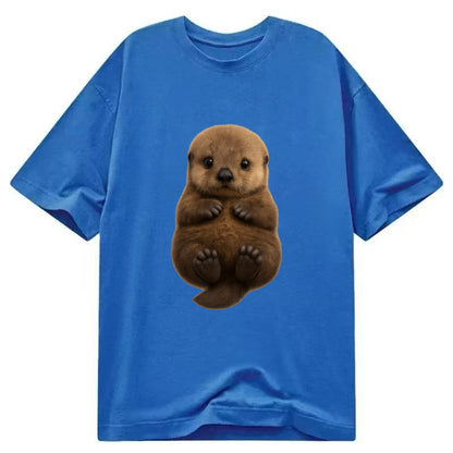 Baby Sea Otter - brown fluffy, floating on back, tiny paws, bright eyes, - Classic T-shirt - Blue