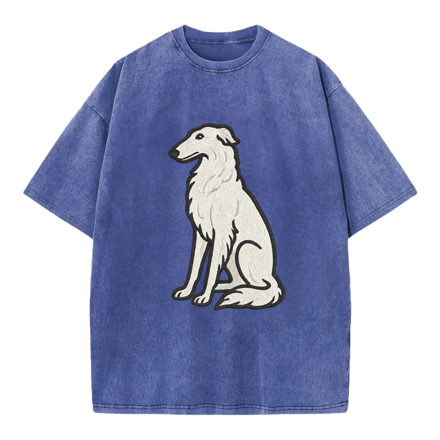 Borzoi - White embroidered sitting pose - Vintage T-shirt - Blue
