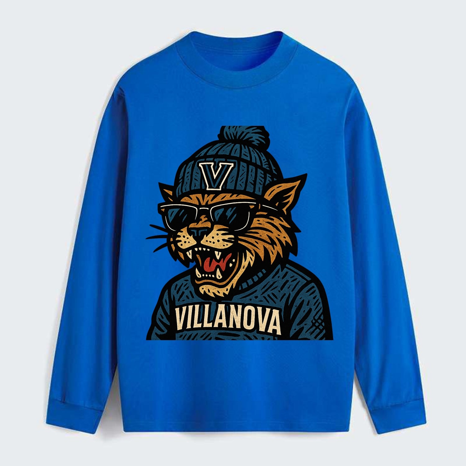 Villanova Wildcat wearing Villanova beanie with V patch - Classic Long Sleeve Shirt - Blue