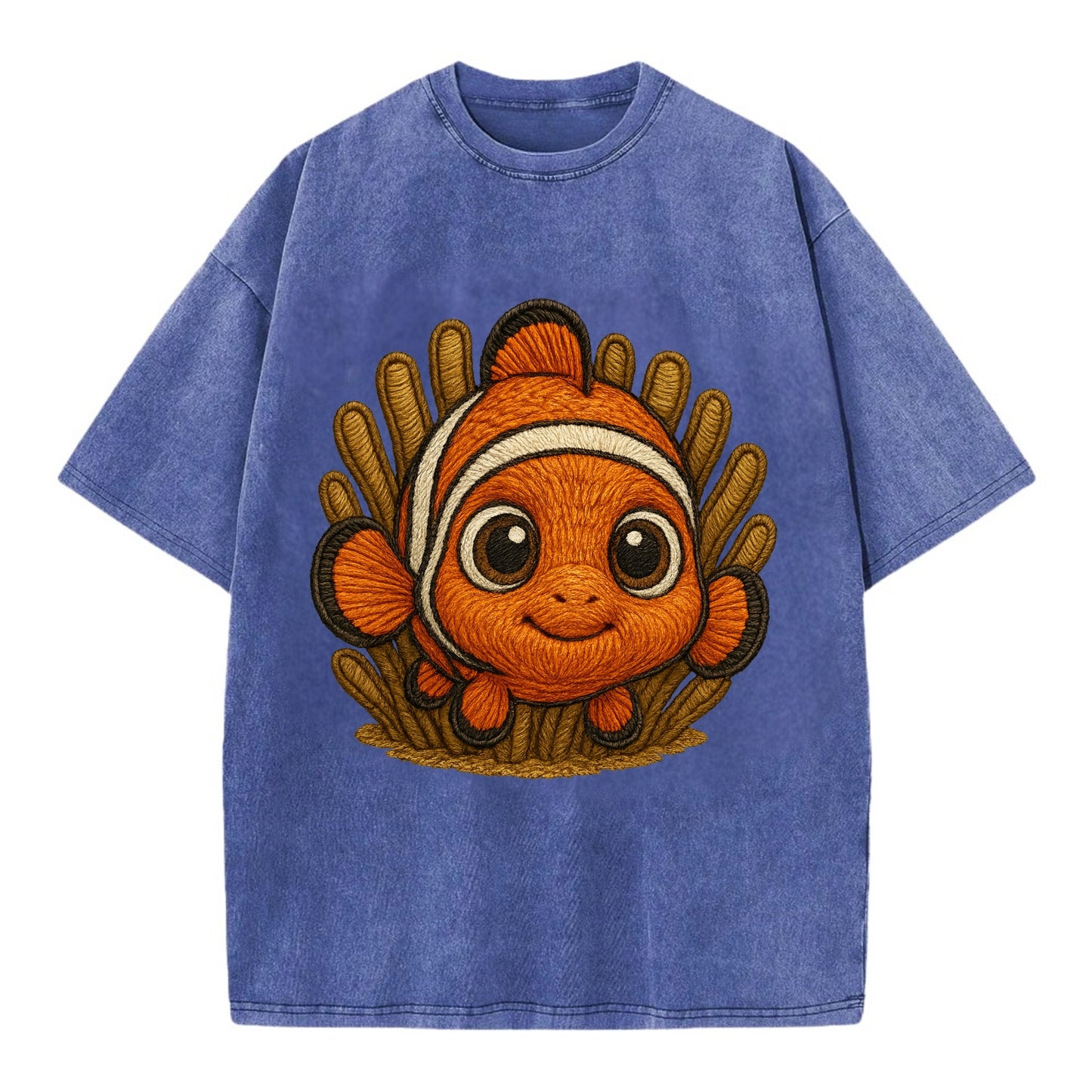 Baby Clownfish - orange with white stripes, big round eyes, front-facing in - Vintage T-shirt - Blue