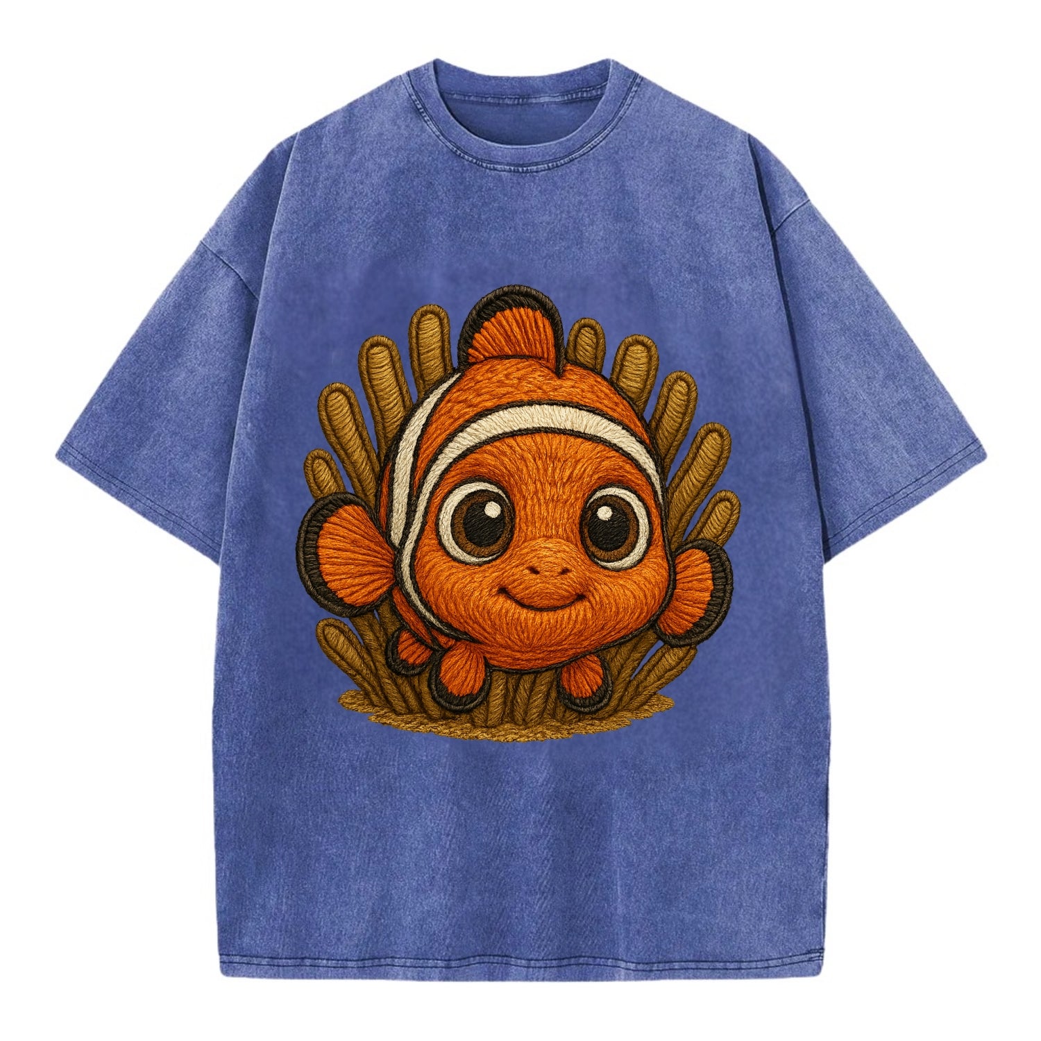 Baby Clownfish - orange with white stripes, big round eyes, front-facing in - Vintage T-shirt - Blue