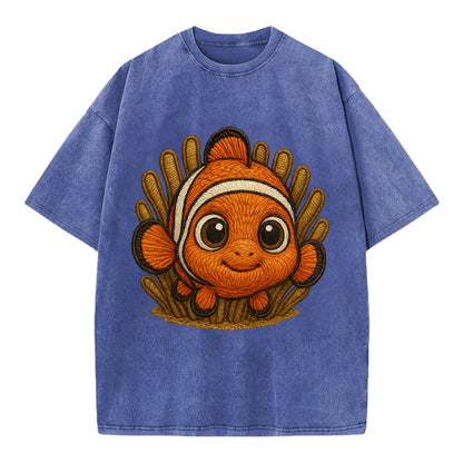 Baby Clownfish - orange with white stripes, big round eyes, front-facing in - Vintage T-shirt - Blue