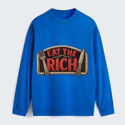 EAT THE RICH - fork and knife with text in red and silver , class war - Classic Long Sleeve Shirt - Blue
