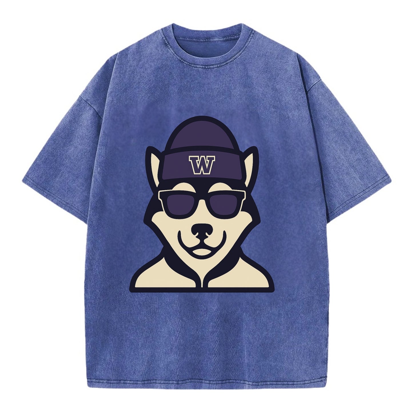 Seattle Husky wearing Washington beanie with W patch - Vintage T-shirt - Blue