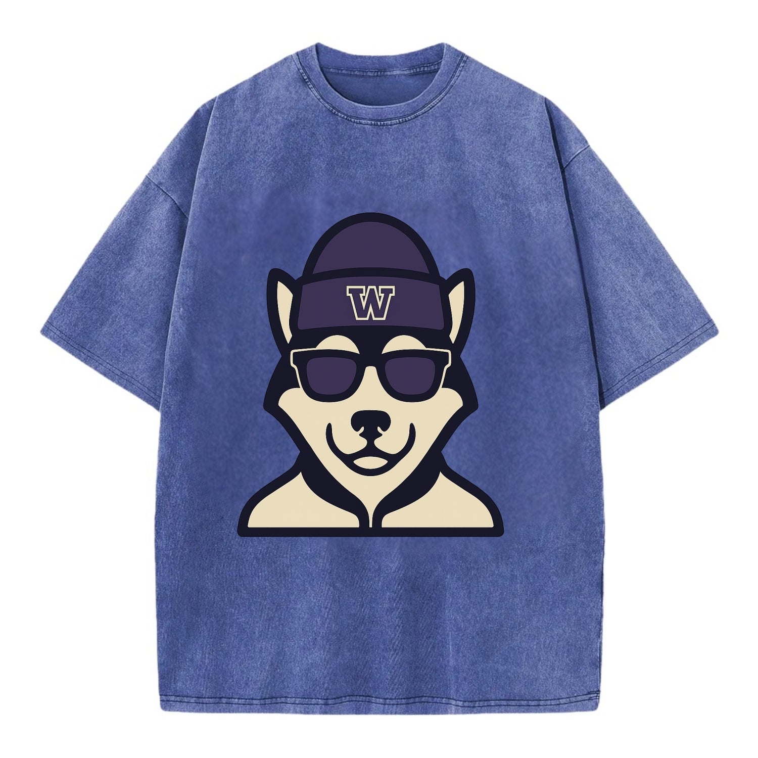 Seattle Husky wearing Washington beanie with W patch - Vintage T-shirt - Blue