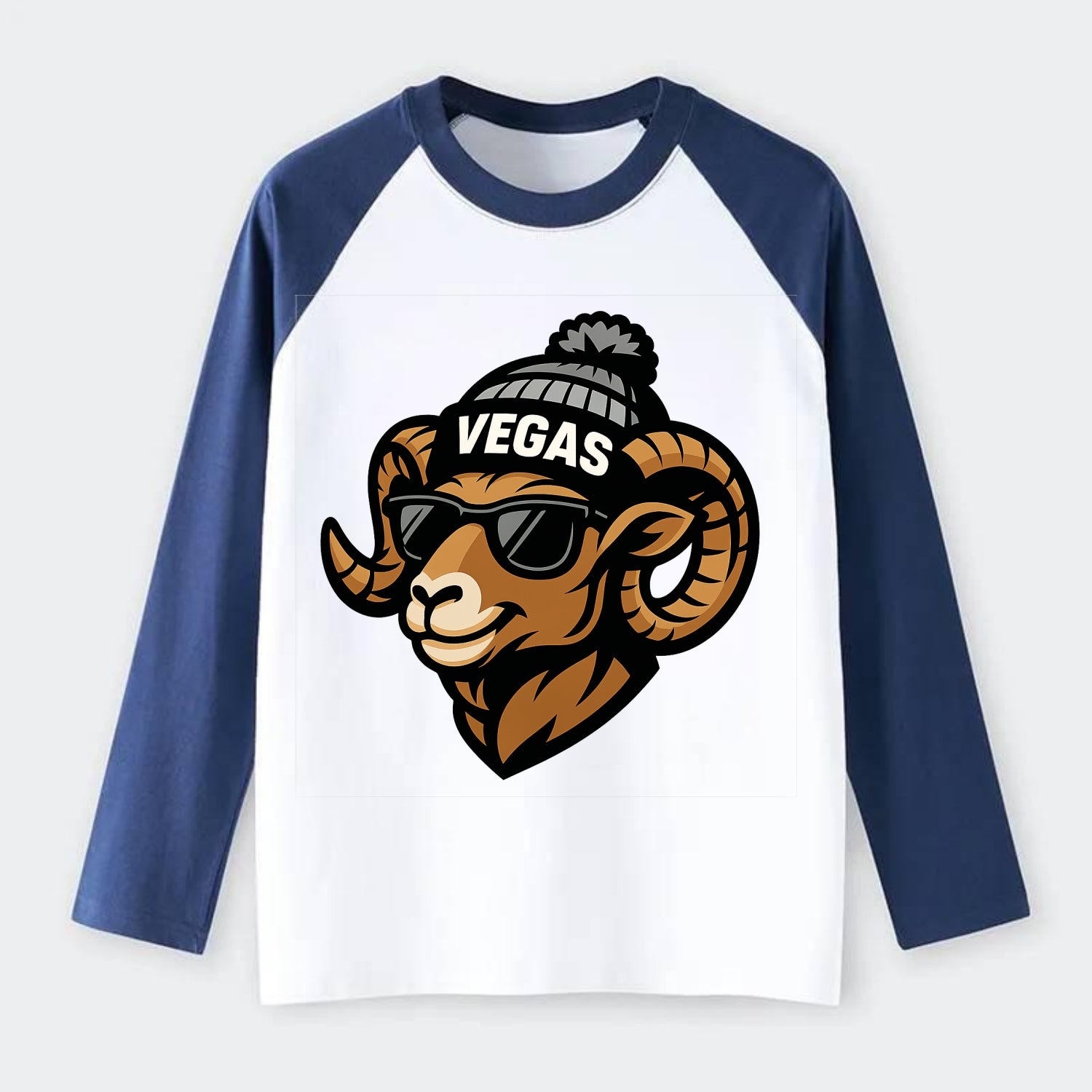 Vegas Desert Bighorn wearing Raiders silver and black beanie with pom - Raglan Long Sleeve T-Shirt - Blue