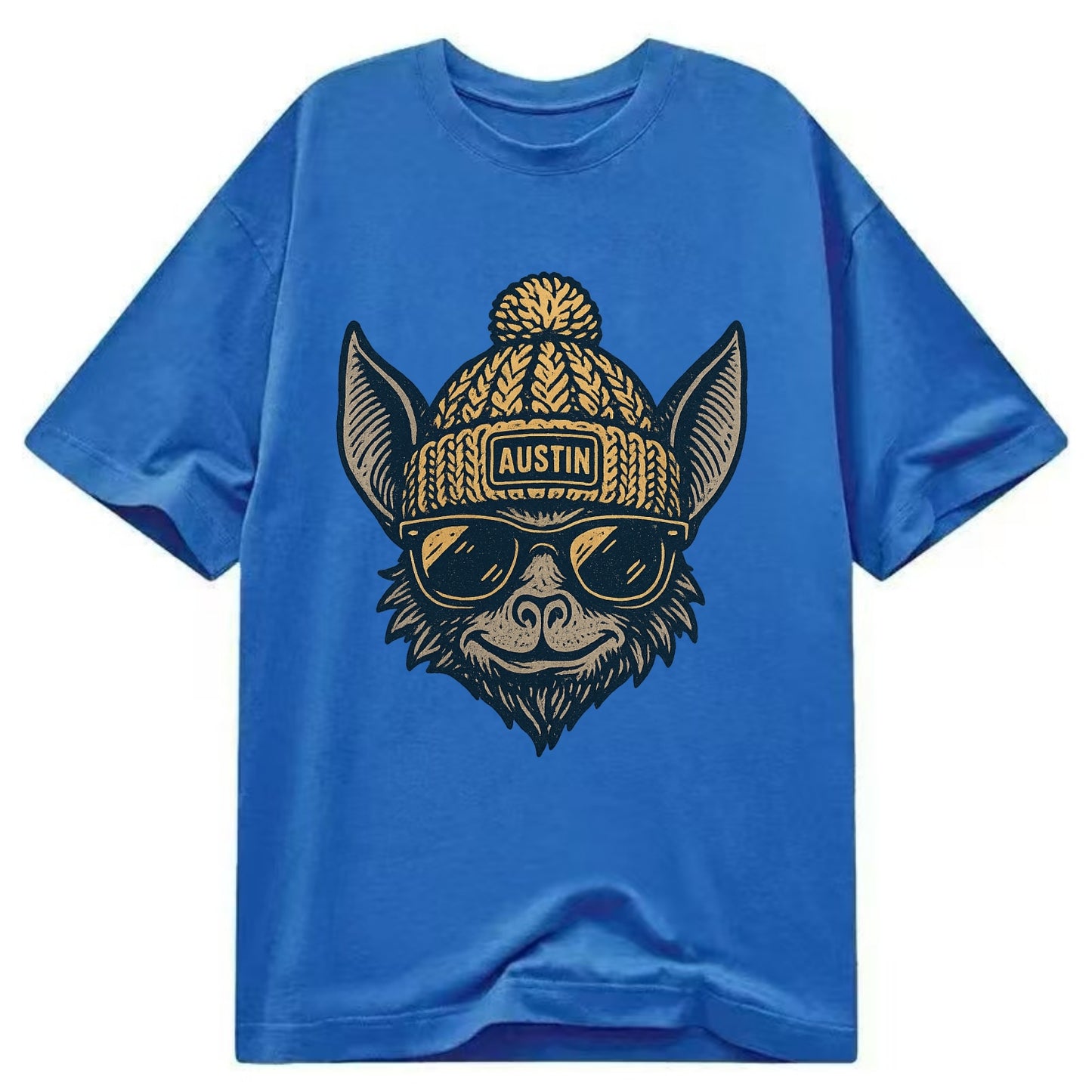 Austin Bat wearing Austin beanie with pom pom and wayfarer sunglasses - Classic T-shirt - Blue