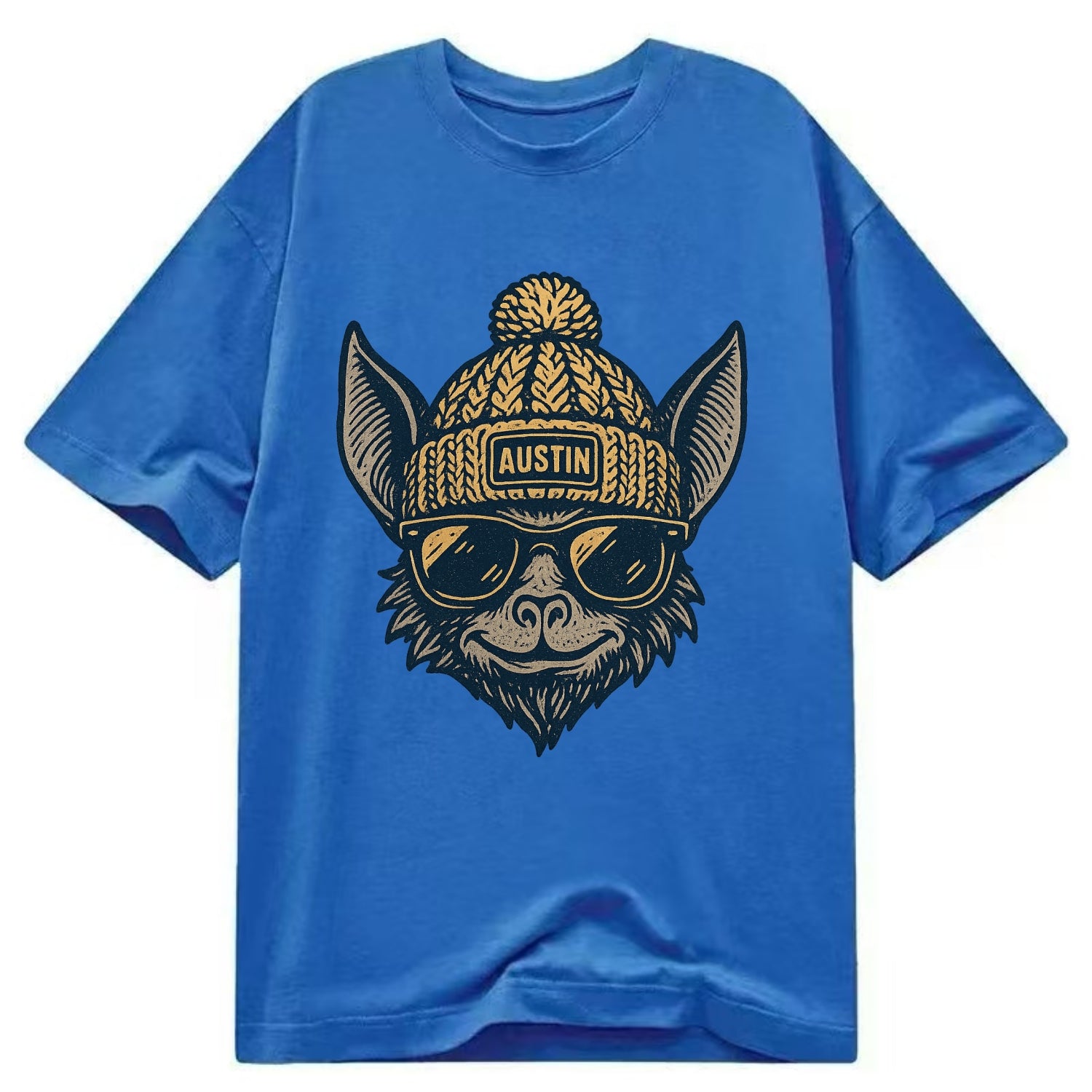 Austin Bat wearing Austin beanie with pom pom and wayfarer sunglasses - Classic T-shirt - Blue