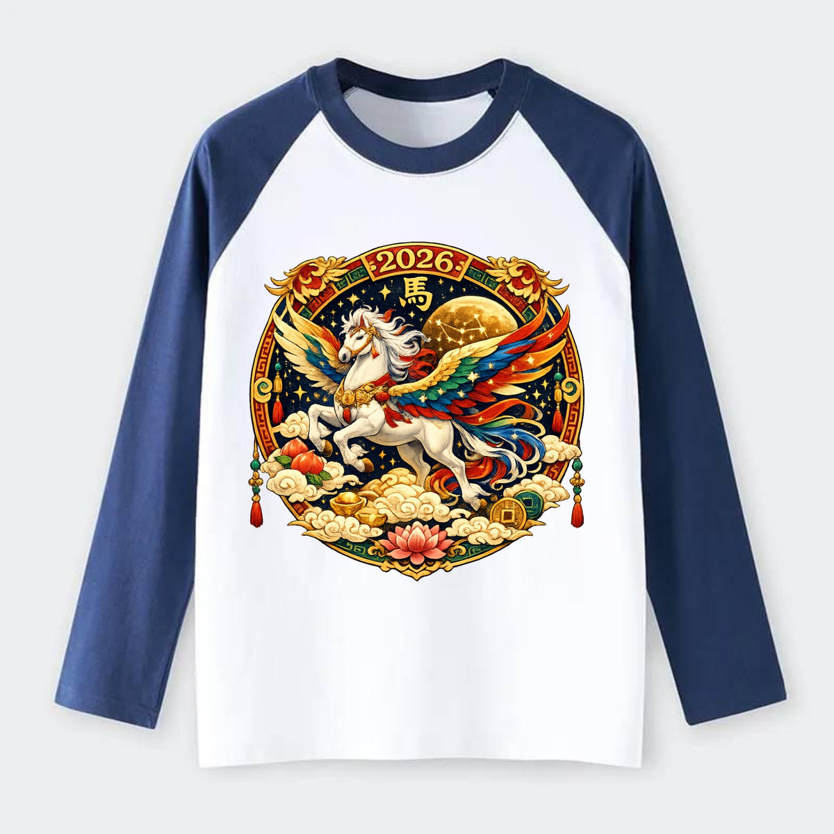 CELESTIAL HORSE | Heavenly horse among clouds and stars | Wings of - Raglan Long Sleeve T-Shirt - Blue