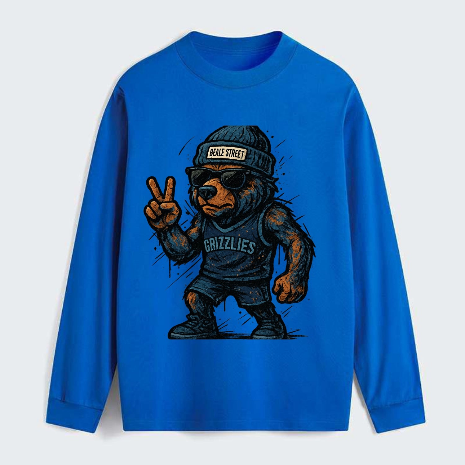 Memphis Grizzly Bear wearing Grizzlies navy and light blue beanie with - Classic Long Sleeve Shirt - Blue